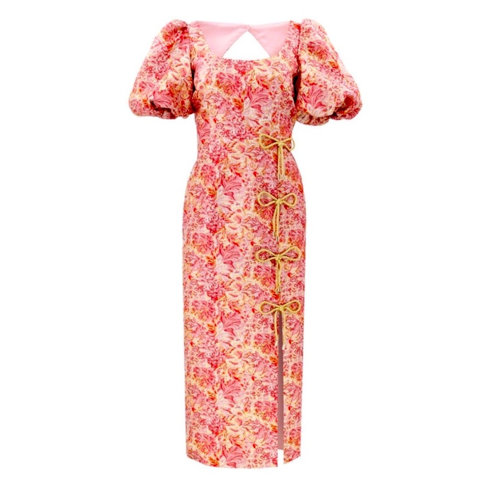 Mestiza New York Pia Metallic Floral Jacquard Pink Gold Front Slit Puff Sleeve 2